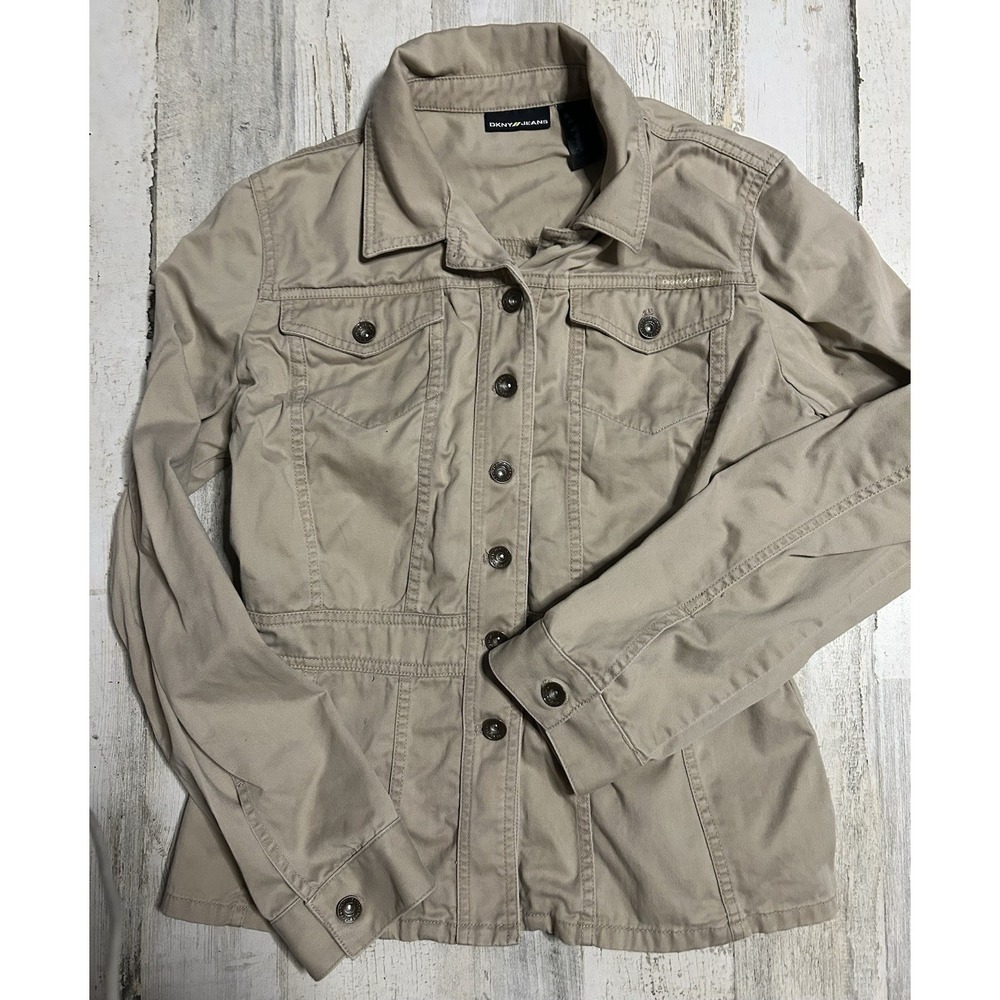 Y2K DKNY JEANS Twill Utility Jacket Sz L Khaki Fitted Button Up